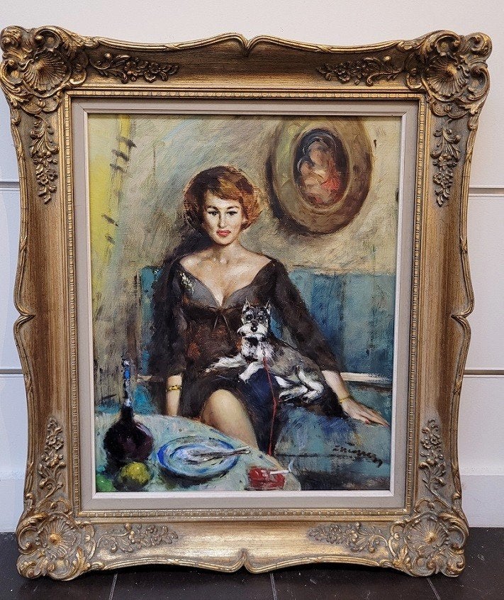 Victor QUIÉNEN, met de hond op schoot, Ophalen of Verzenden, Origineel werk, Olieverf, Paneel