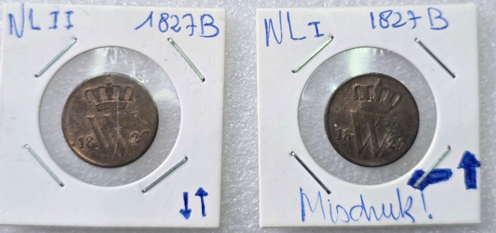 1 cent 1827B met misslag - Koninkrijk der Nederlanden, Ophalen of Verzenden, Koning Willem I, 1 cent, Losse munt
