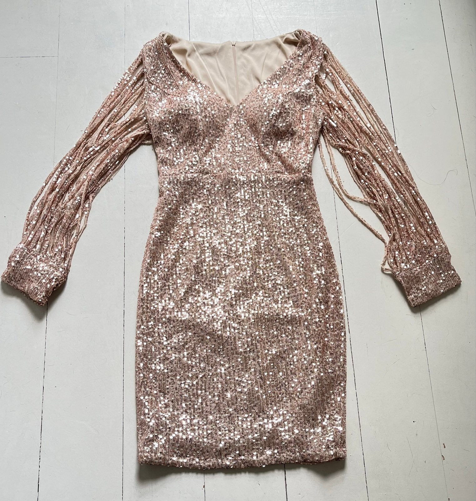 Glitterende goud oud rose Jurk met Lange Mouwen, Kleding | Dames, Ophalen of Verzenden, Zo goed als nieuw, Roze, Maat 36 (S)