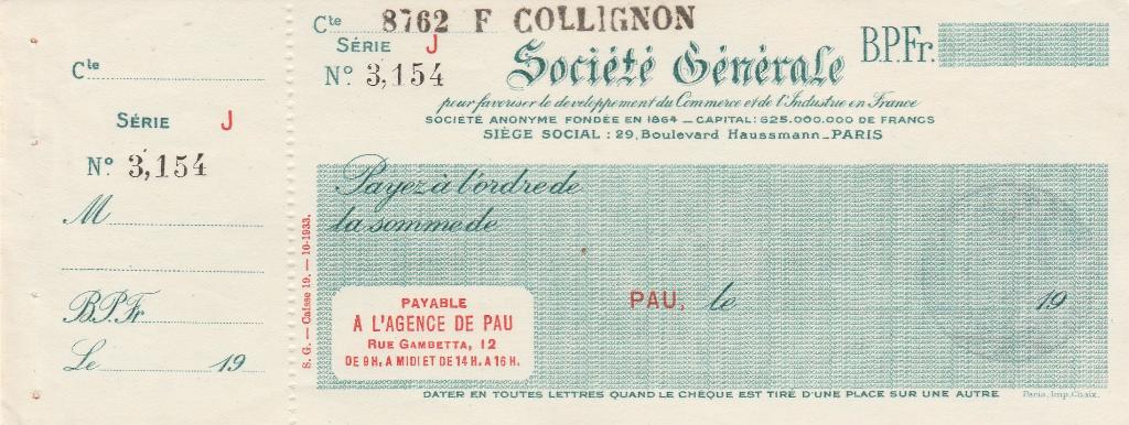 CHEQUE SOCIETE GENERALE PARIJS FRANKRIJK  .1900-1999, Verzamelen, Ophalen of Verzenden, Gebruikt