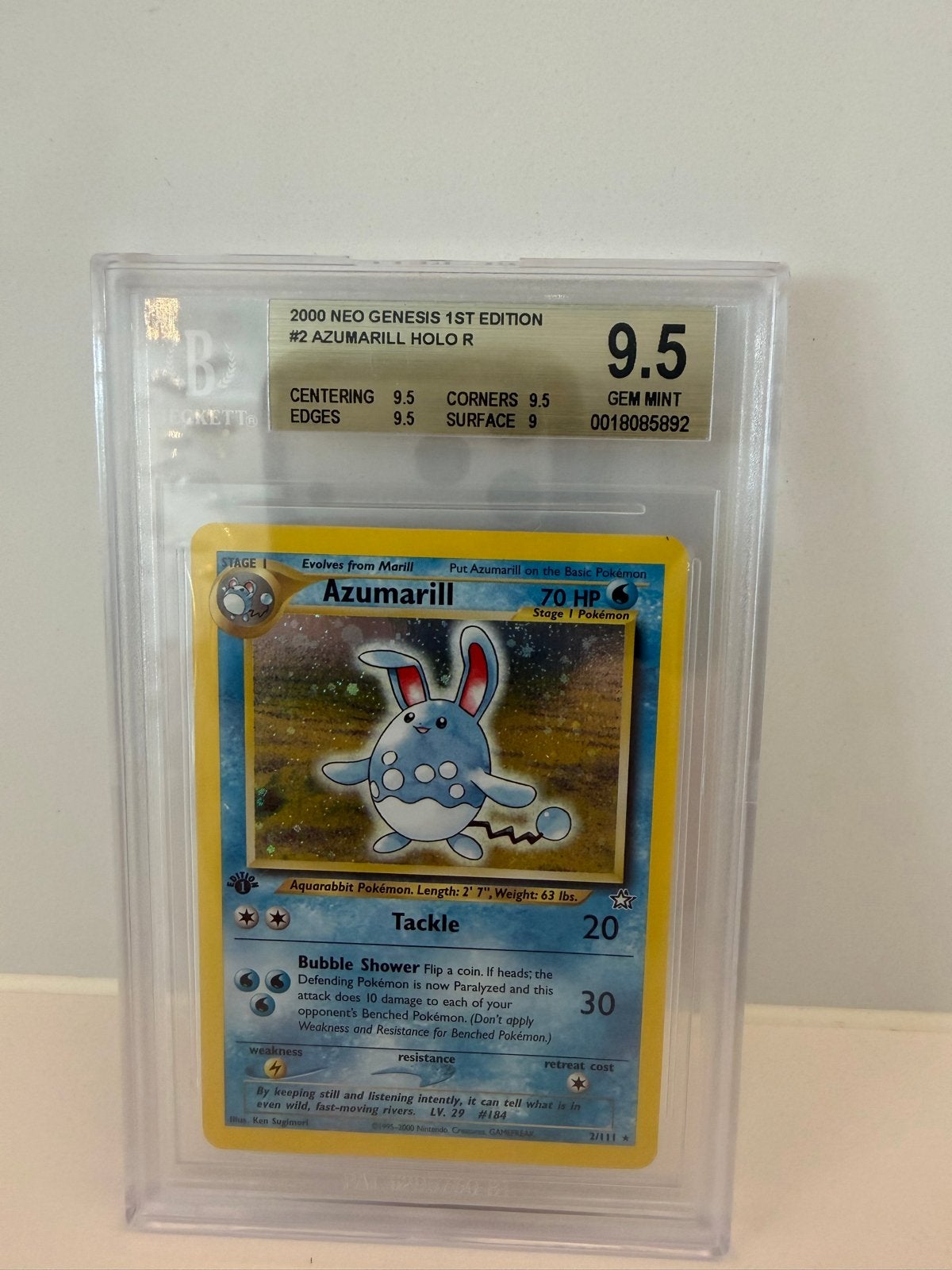 Pokémon Azumarill Holo R 2000 Neo Genesis 1st Edition BGS 9., Ophalen of Verzenden, Zo goed als nieuw, Losse kaart, Foil