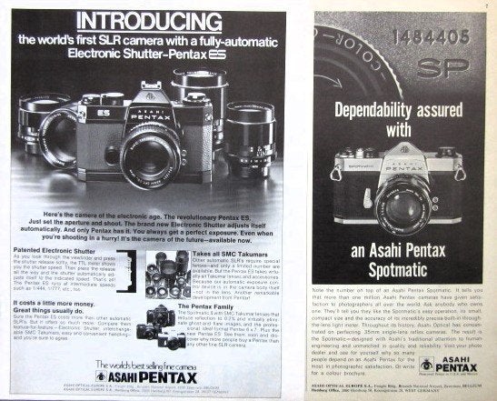 12 vintage advertenties Asahi Pentax camera 1967-82 foto, Ophalen of Verzenden, 1960 tot 1980, Fototoestel