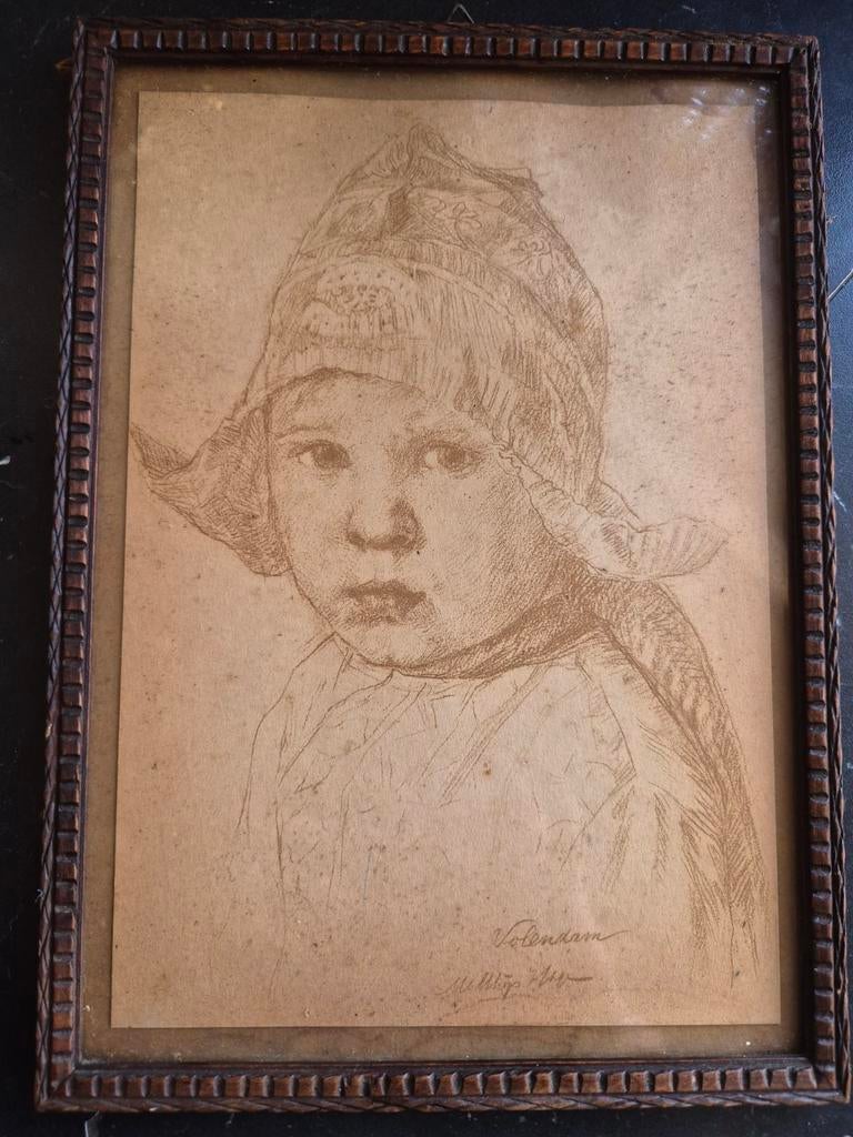 Antieke tekening kind in Volendamse klederdracht, Antiek en Kunst, Ophalen of Verzenden