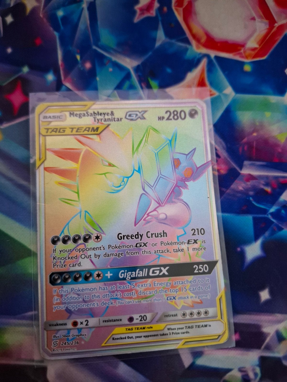 Mega Sableye & Tyranitar GX 245/236 Rainbow Rare, Ophalen of Verzenden, Zo goed als nieuw, Losse kaart, Foil