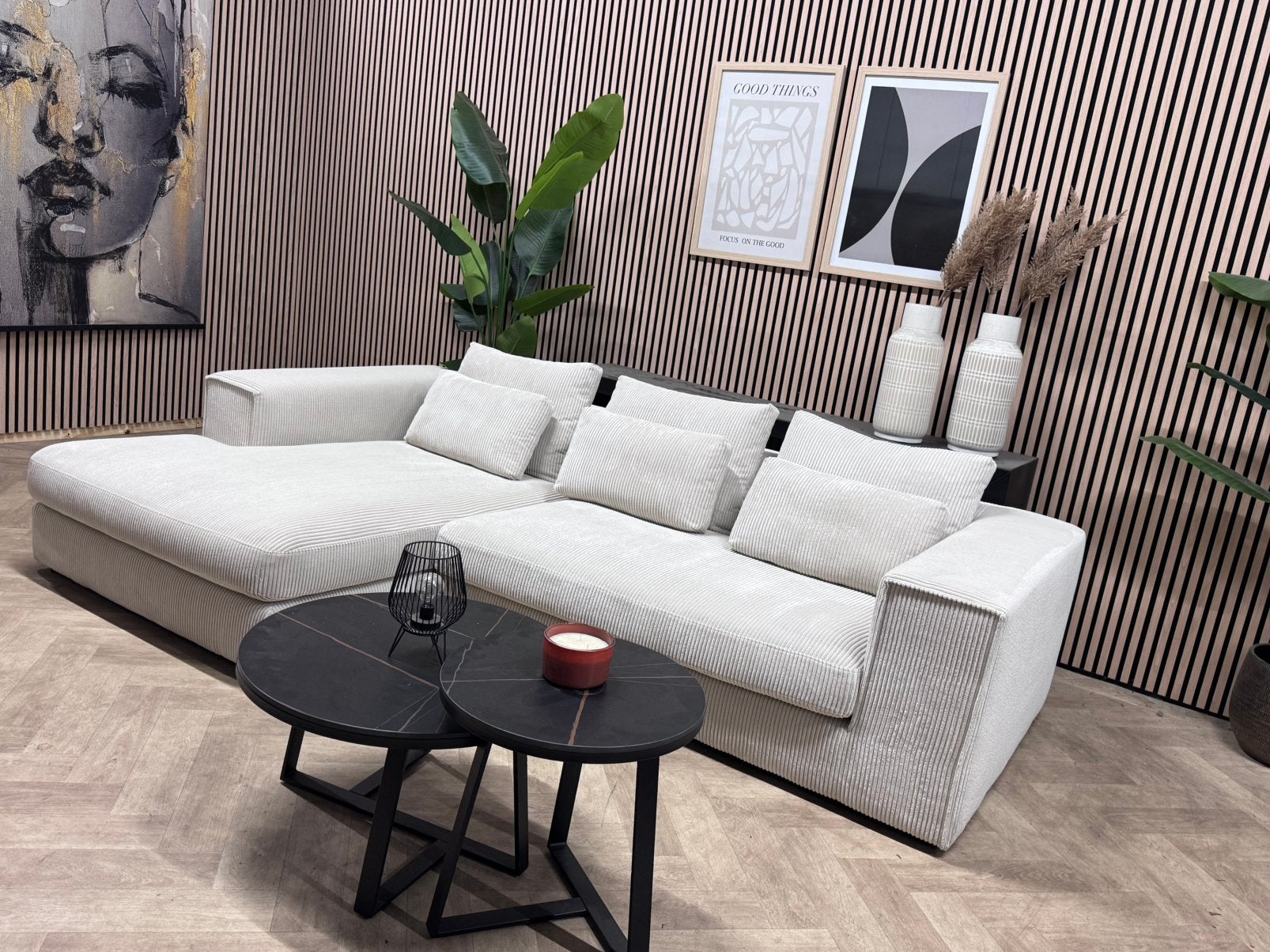 ZGAN Hippe Ribstof Hoekbank - Créme - 275 x 175, Ribstof hoekbank creme beige ribcord ribbel loungebank, -, -, Hoekbank