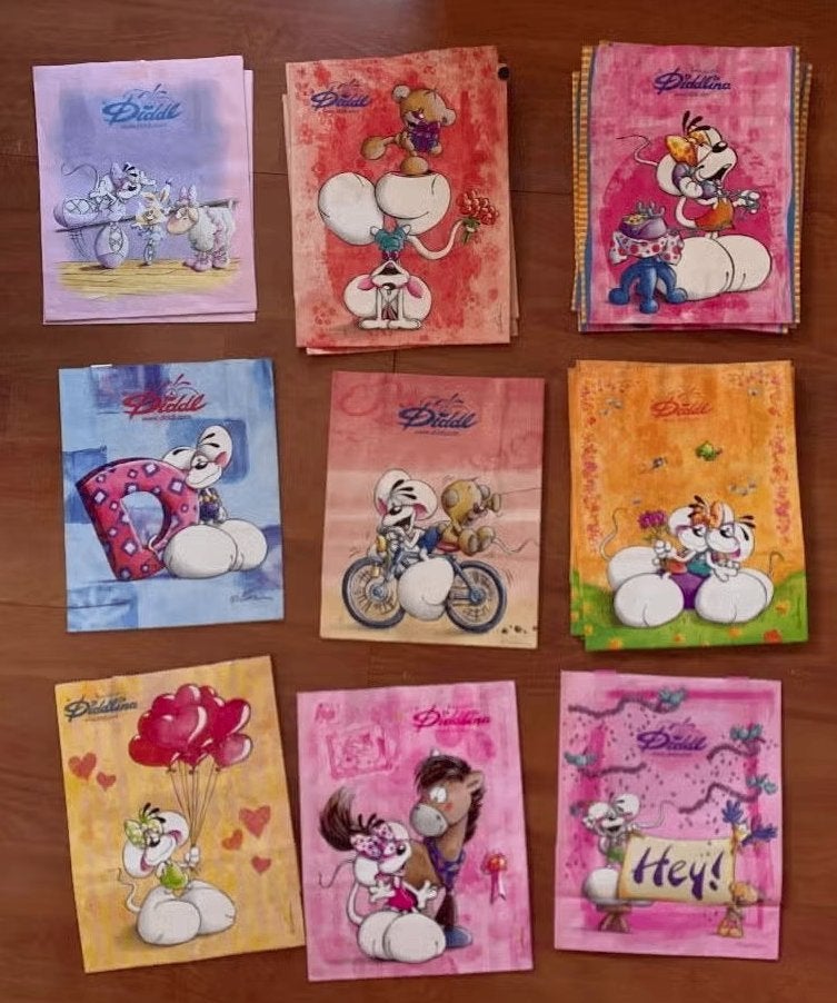 9 verschillende designs op papieren zakjes Diddl en Diddlina, Verzamelen, Ophalen of Verzenden, Verschillende figuren, Zo goed als nieuw