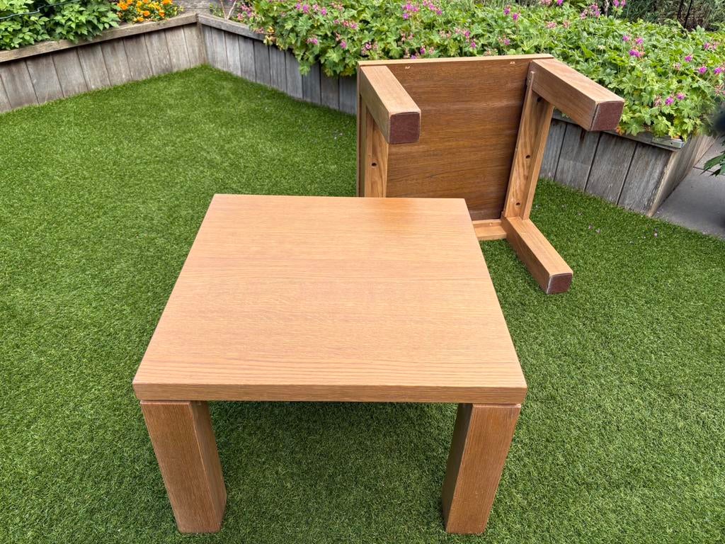 2 zware massief eikenhouten salintafels met verborgen lades, Ophalen, 50 tot 100 cm, 50 tot 100 cm, Zo goed als nieuw