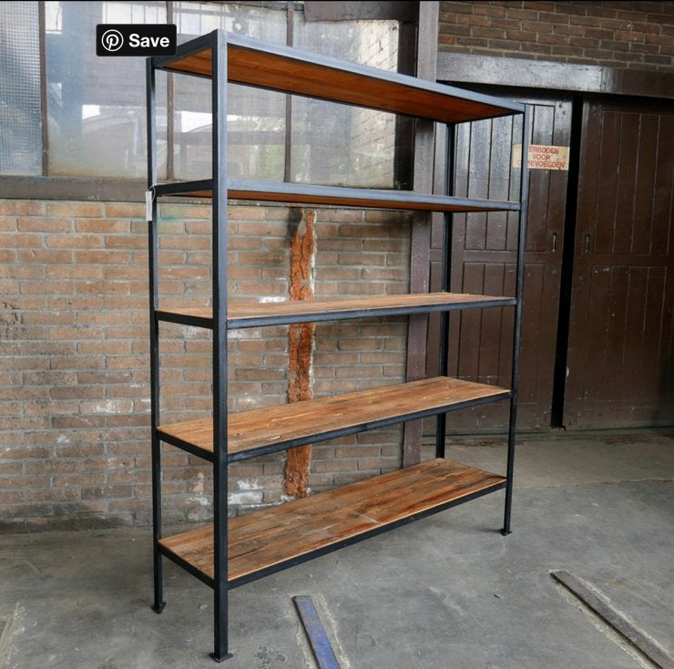Houten metalen vintage industriële brocante stellingkast, Ophalen, Zo goed als nieuw
