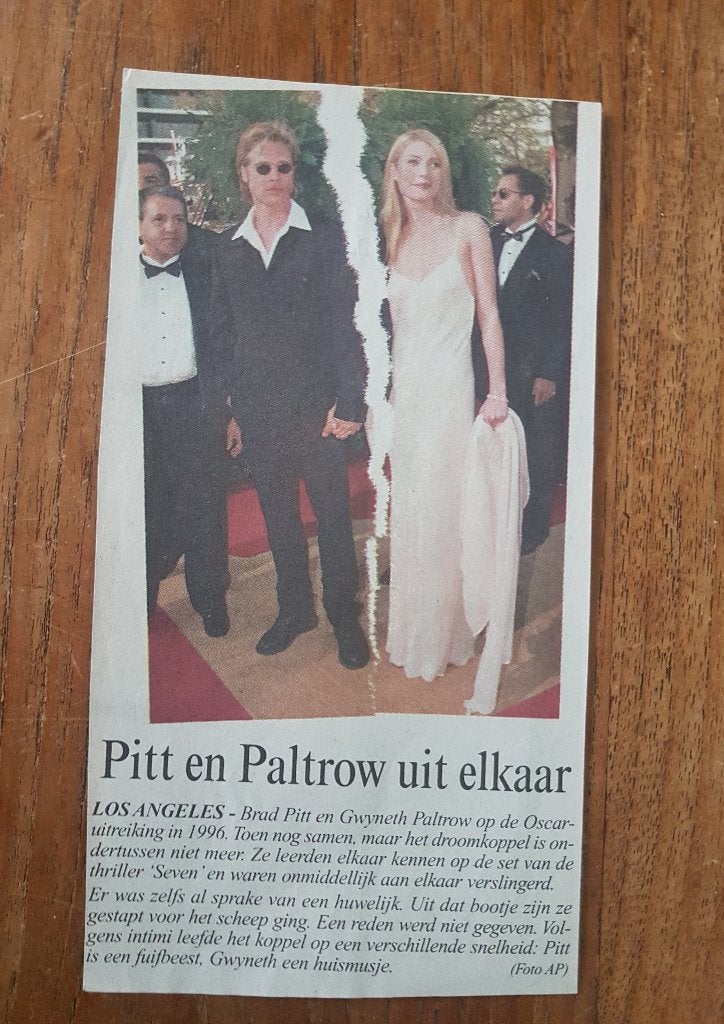 Brad Pitt en Gwyneth Paltrow uit elkaar (1997), Ophalen of Verzenden, 1980 tot heden, Knipsel(s)