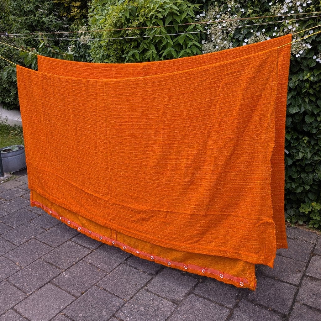 Vintage retro grof geweven oranje gordijnen stof., Gebruikt, Wol, 120 cm of meer, 200 cm of meer