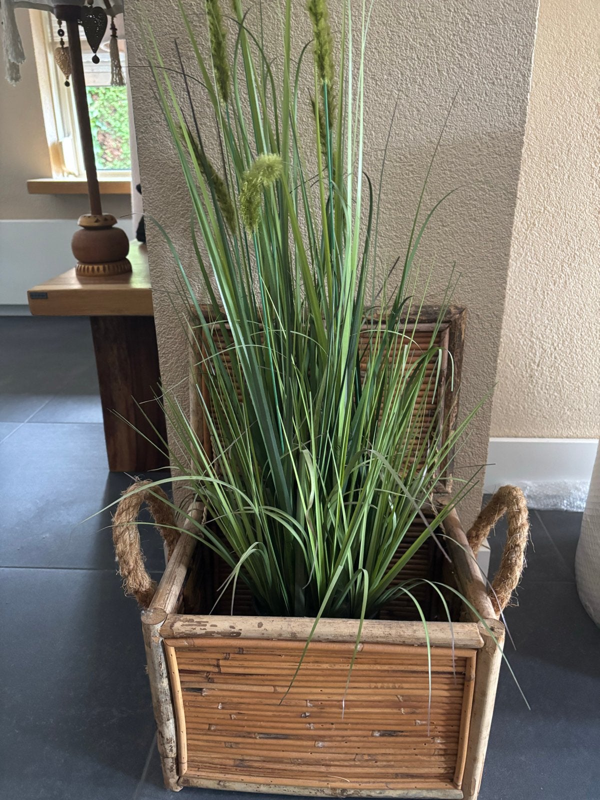 Bamboe mand/kistje met kunstplant, ca. 60 cm hoog, Ophalen, Binnen, Natuurlijk materiaal, Kunstplant