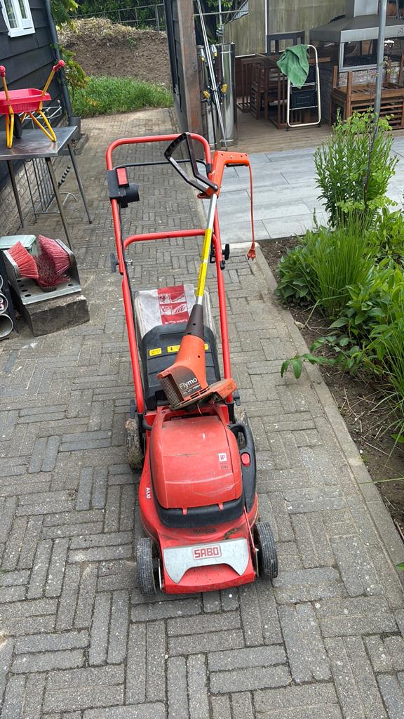 Sabo elektrische grasmaaier met opvangzak+Flymo trimmer, Tuin en Terras, Grasmaaiers, Cirkelmaaier, Gebruikt, Elektrische grasmaaier