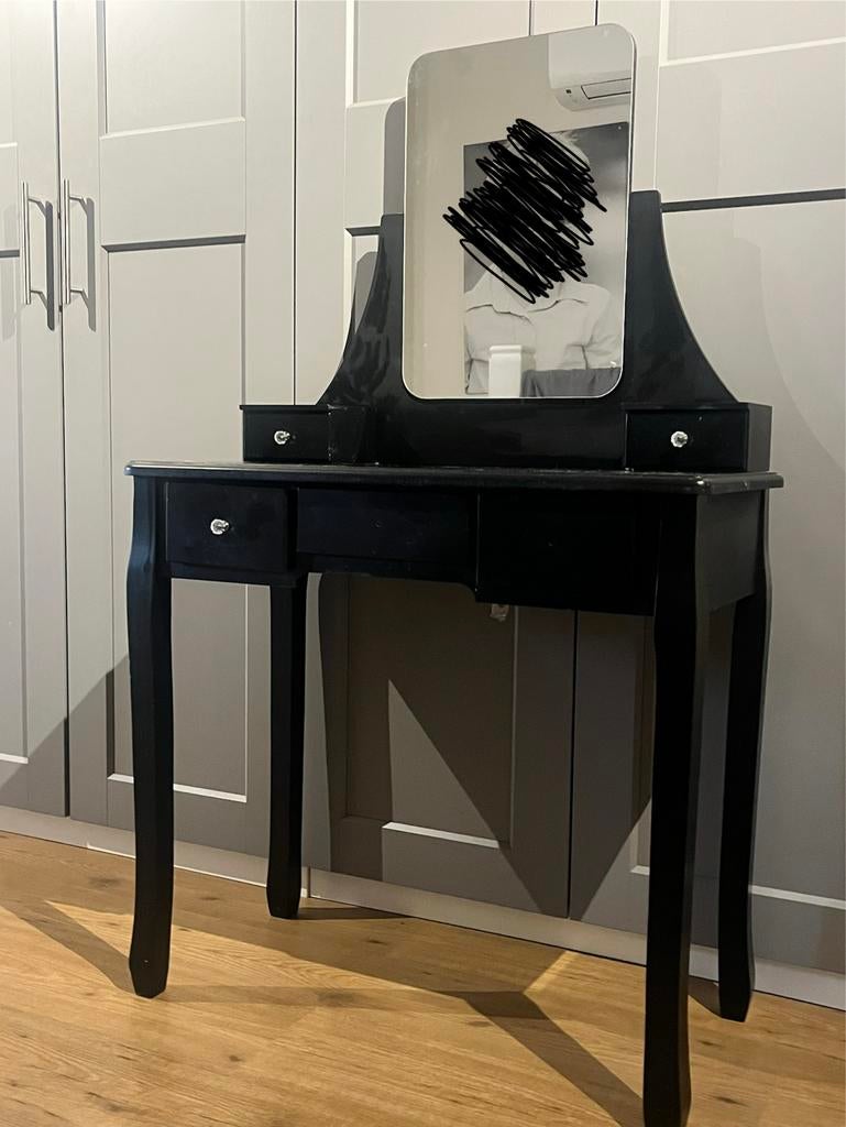 Zwart make-up tafeltje met spiegel en lades, Gebruikt, 100 tot 150 cm, Hout, 50 tot 100 cm