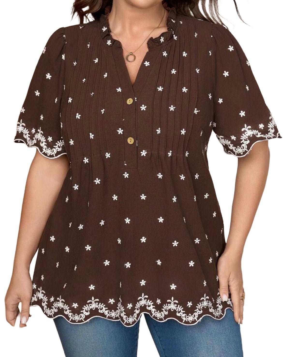 Bruine blouse met bloemenprint en ruches (44-52), Kleding | Dames, Grote Maten, Verzenden, Nieuw, Bruin, Blouse of Tuniek