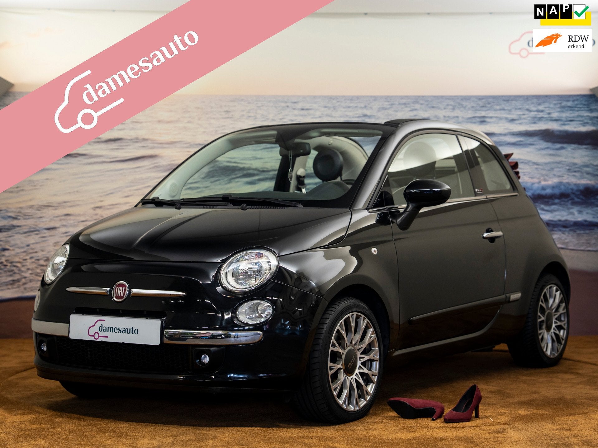 Fiat 500 C 0.9 Turbo Lounge, cabriolet automaat, NAP incl ga, Cabriolet, Leder en Stof, Zwart, Bedrijf