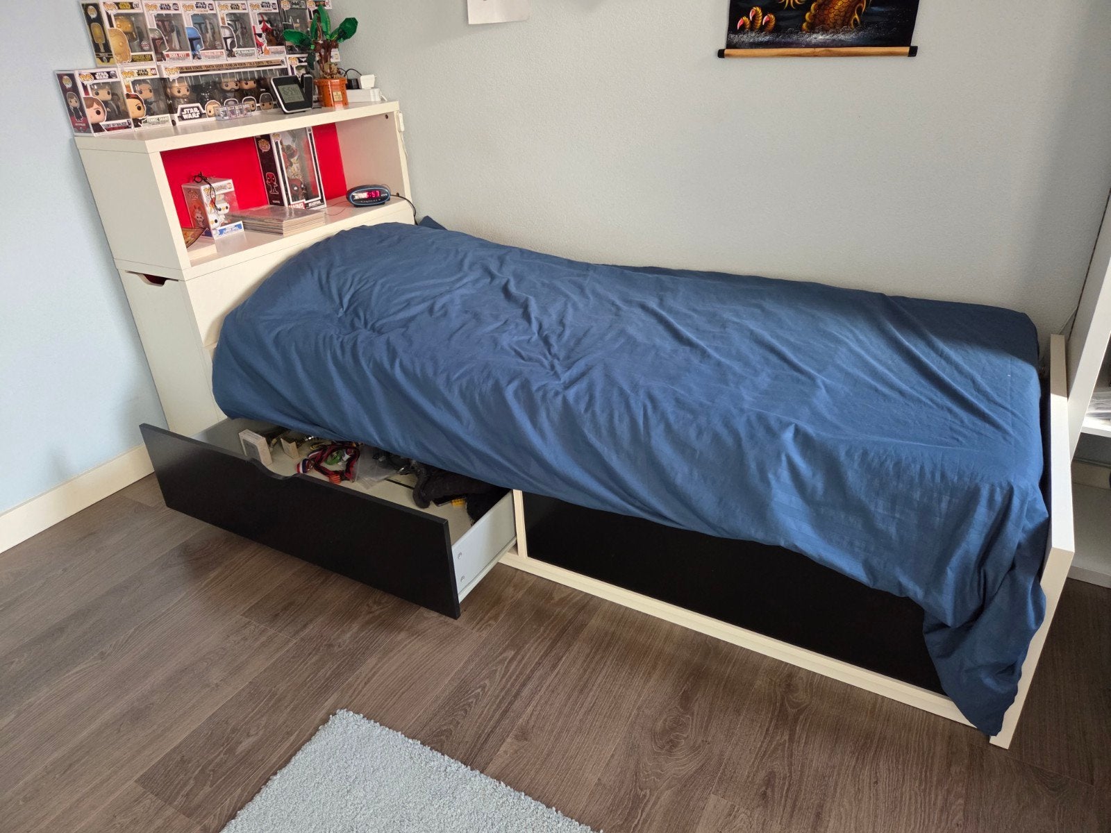 Ikea Brimnes bed + Auping spiraalbodem + bedkast hoofdeinde, Ophalen, Gebruikt, 90 cm, Eenpersoons
