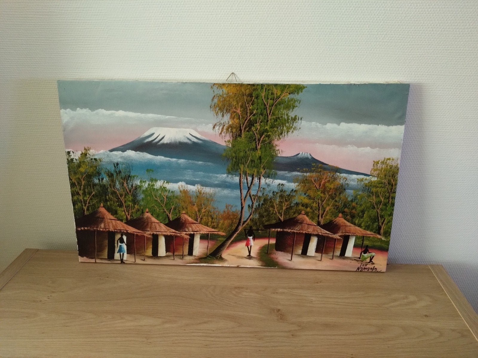Afrikaans schilderij met berglandschap en hutten, Ophalen, Schilderij, Overige materialen, Meerkleurig