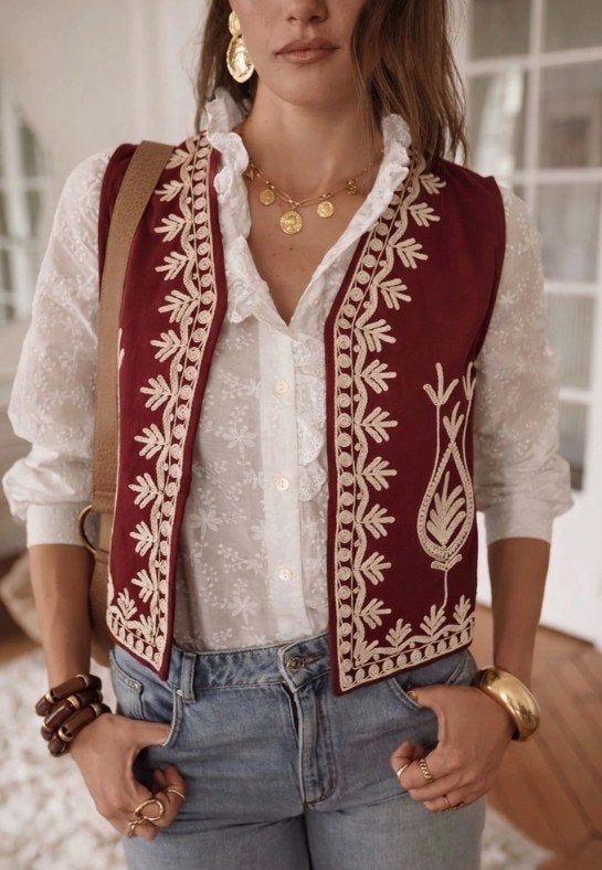 bordeuax rood gilet boho hippie western stijl M L, Maat 42/44 (L), Nieuw, Ophalen of Verzenden, MHMOUTLET