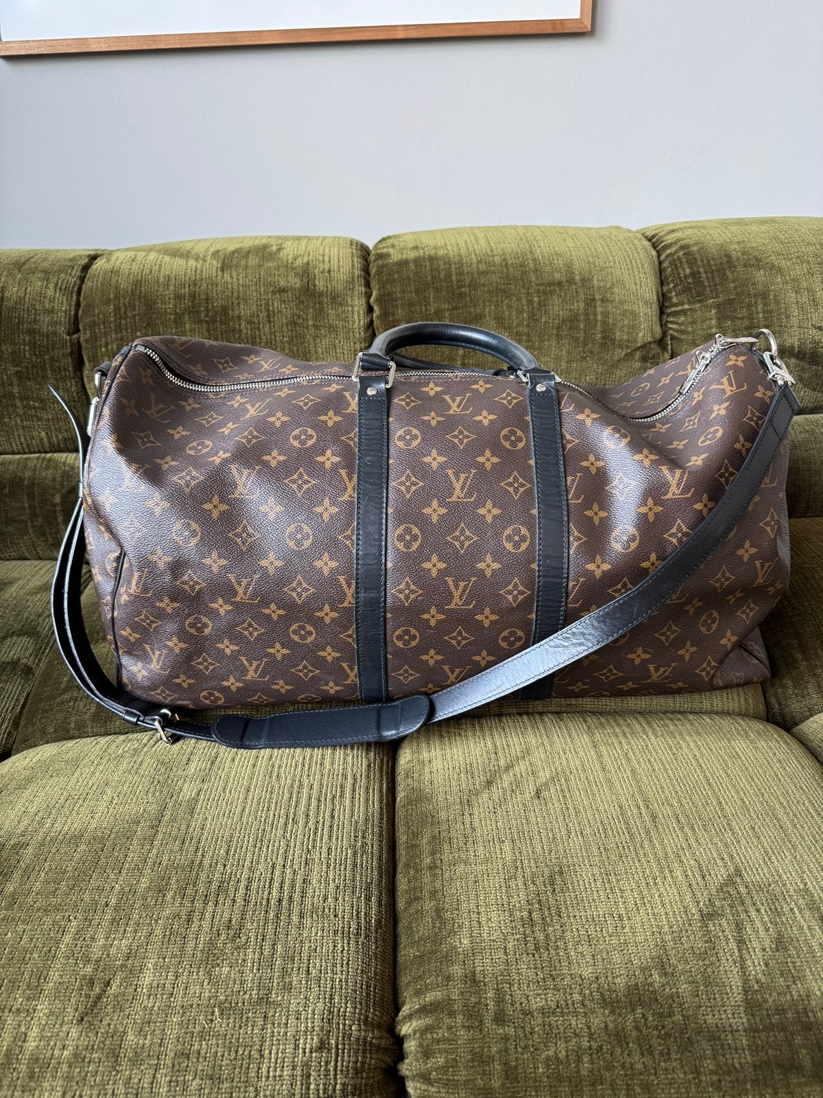 Louis Vuitton Keepall bandouliere 55 brown Monogram Macassar, Ophalen, 40 tot 60 cm, 20 tot 30 cm, Bruin