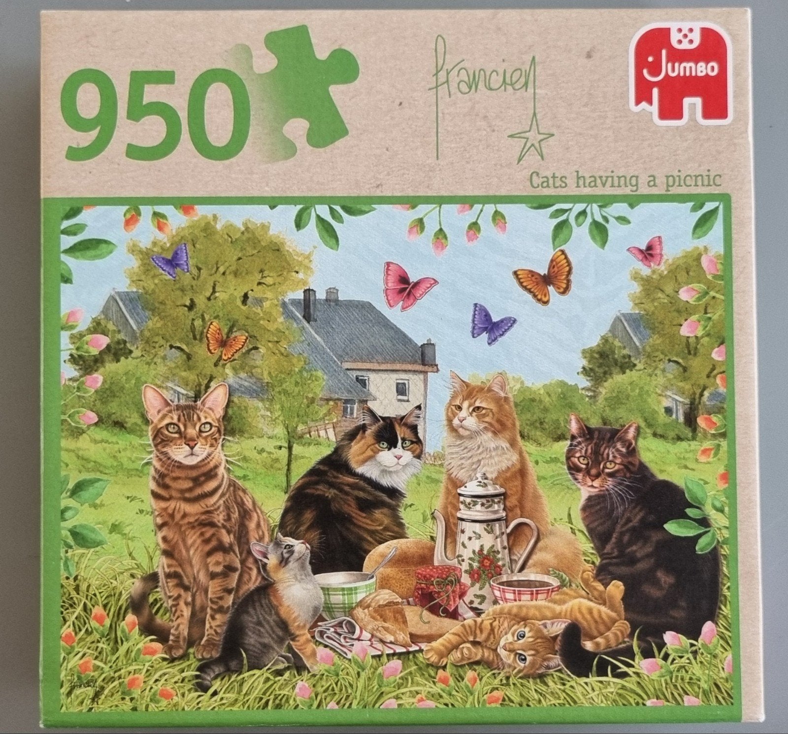 Jumbo Francien Cats Having a Picnic Legpuzzel 950 stukjes, Ophalen of Verzenden, 500 t/m 1500 stukjes, Zo goed als nieuw, Legpuzzel