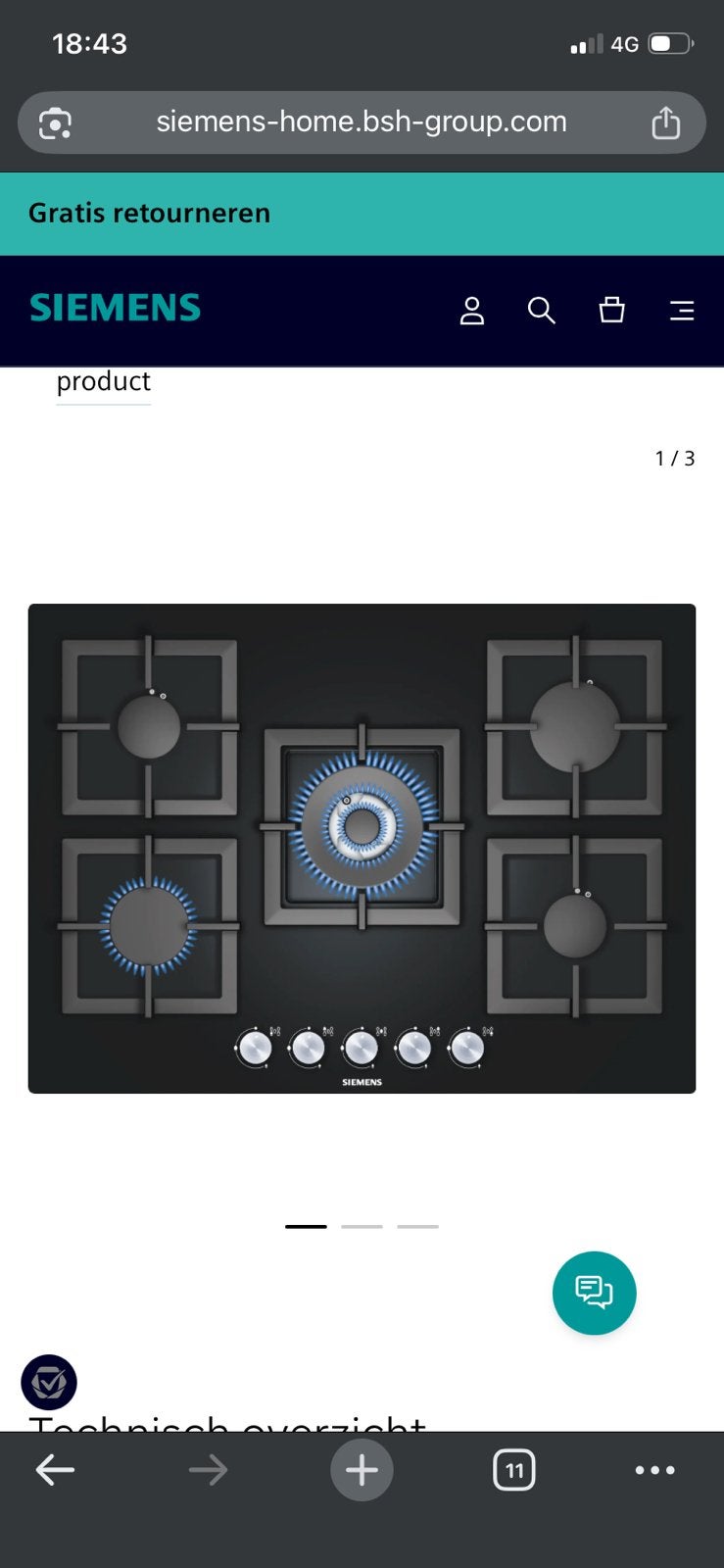 Siemens EP716QC21N  inbouw Gaskookplaat. 71cm, 5 kookzones!, Zo goed als nieuw, Inbouw, Gas, 4 kookzones