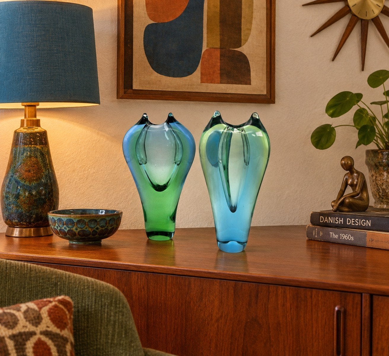 Set van 2 Vintage Beranek Design Vazen - Groen en Blauw Glas, Ophalen of Verzenden