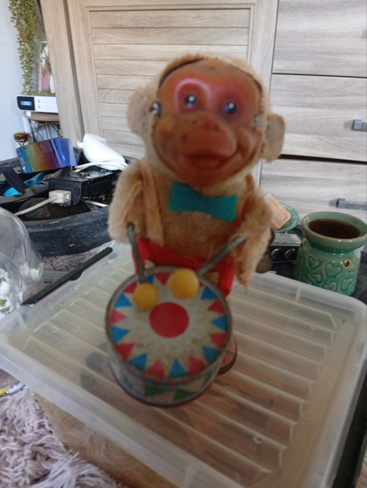 Vintage Speelgoed Aap met Trommel - Opwindbaar, Antiek en Kunst, Ophalen of Verzenden