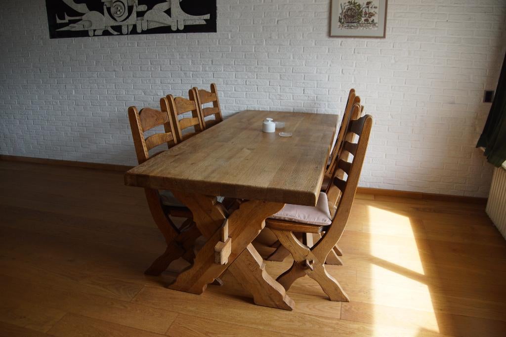 oude robuuste eiken eetkamertafel met 6 stoelen, Huis en Inrichting, Tafels | Eettafels, Ophalen, Gebruikt, Eikenhout, 50 tot 100 cm