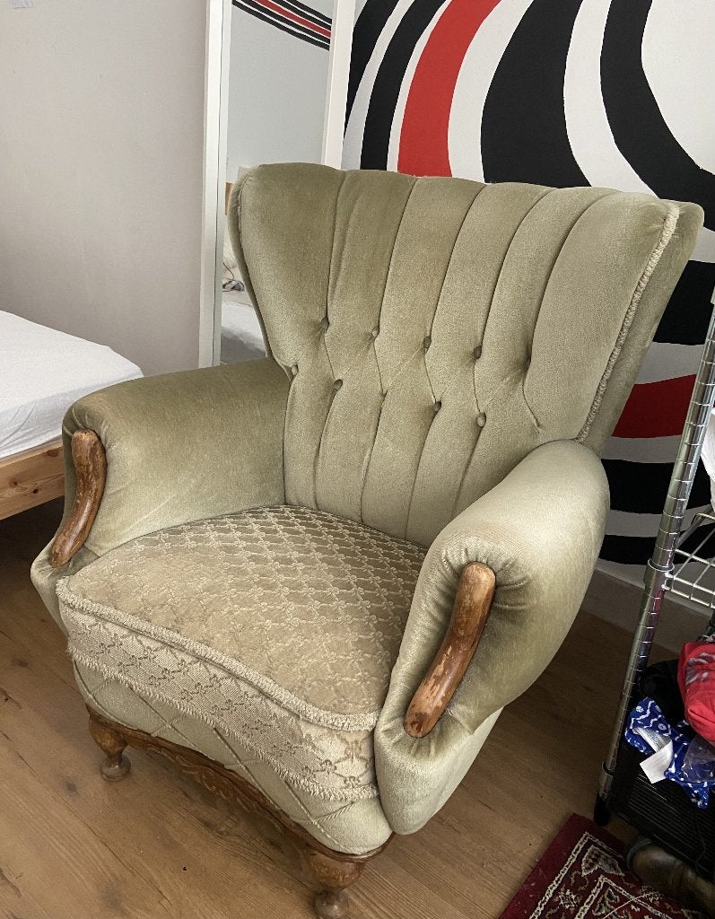 Vintage Groene Oorfauteuil / Retro Fauteuil, Ophalen, Hout, Retro Vintage, 75 tot 100 cm