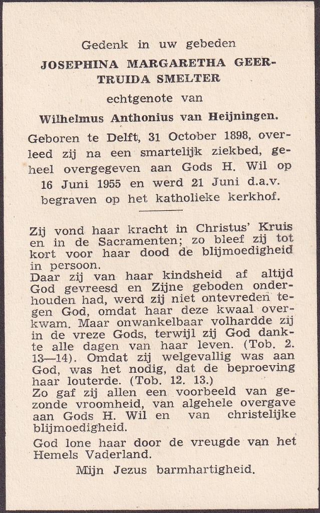 Smelter Josephina 1898 Delft 1955, Verzamelen, Ophalen of Verzenden, Bidprentje