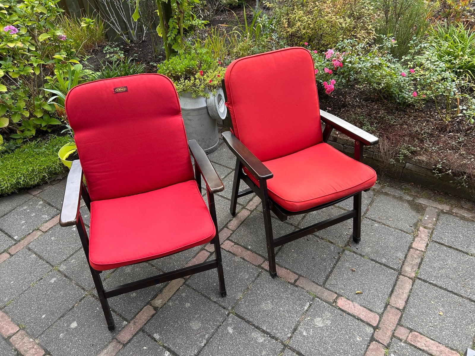 2 degelijke Herlag tuinstoelen met kussens, Ophalen, Gebruikt, Hout, Inklapbaar