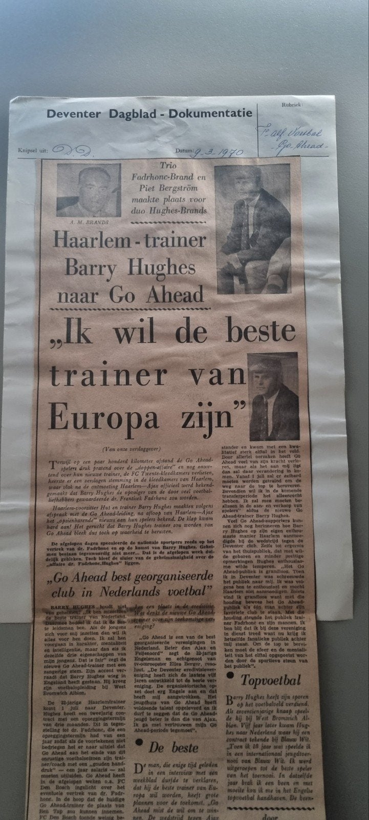 Krantenknipsel Haarlem trainer Hughes naar Go Ahead (1970), Ophalen of Verzenden, Gebruikt, Overige binnenlandse clubs, Overige typen