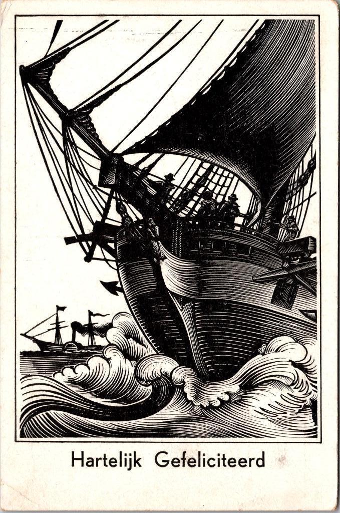 Zeilschip - Hartelijk Gefeliciteerd, Verzenden, 1940 tot 1960, Ongelopen, Feest(dag)