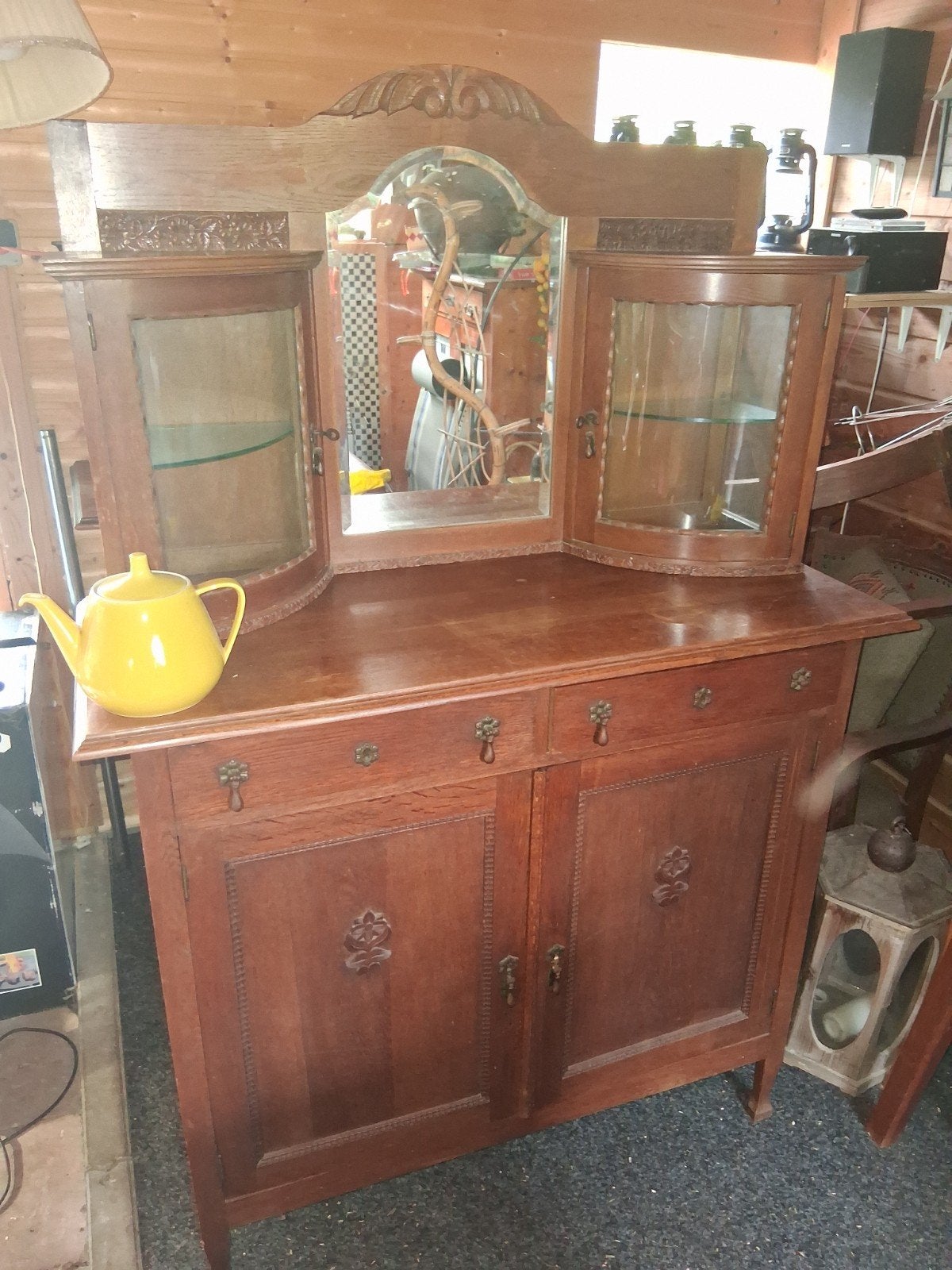 Antiek Eiken Dressoir met Spiegel en Vitrinekasten, Ophalen of Verzenden