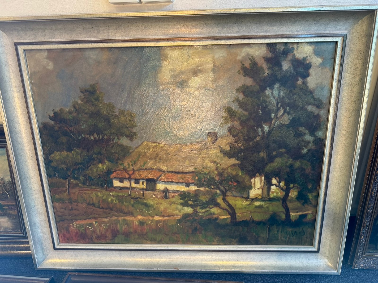 Groot gesigneerd schilderij boerderij landschap 93x73 cm, Antiek en Kunst, Ophalen of Verzenden