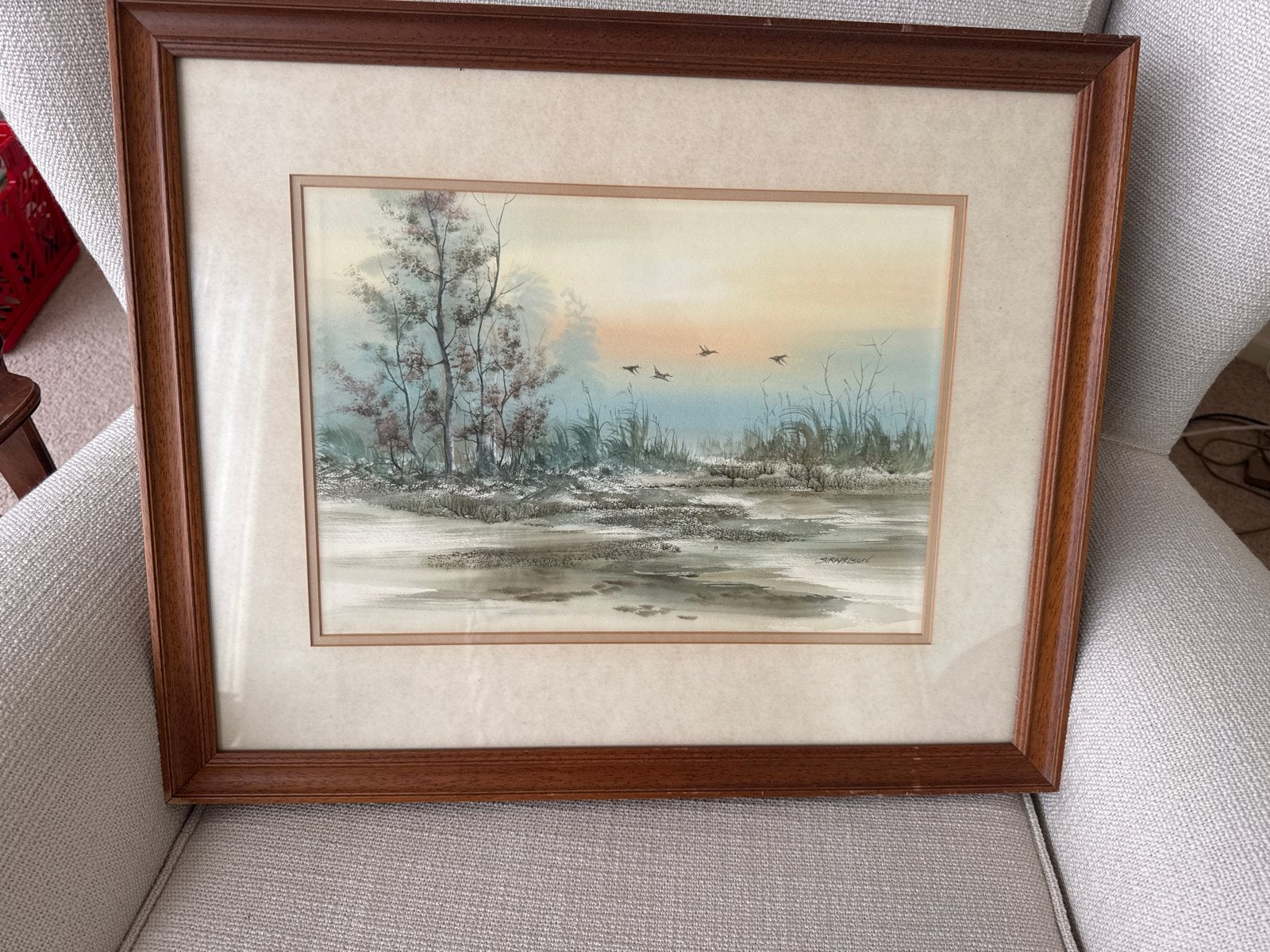 Schilderij Landschap met water en vliegende vogels, Realistisch, Landschap, Aquarel, Papier