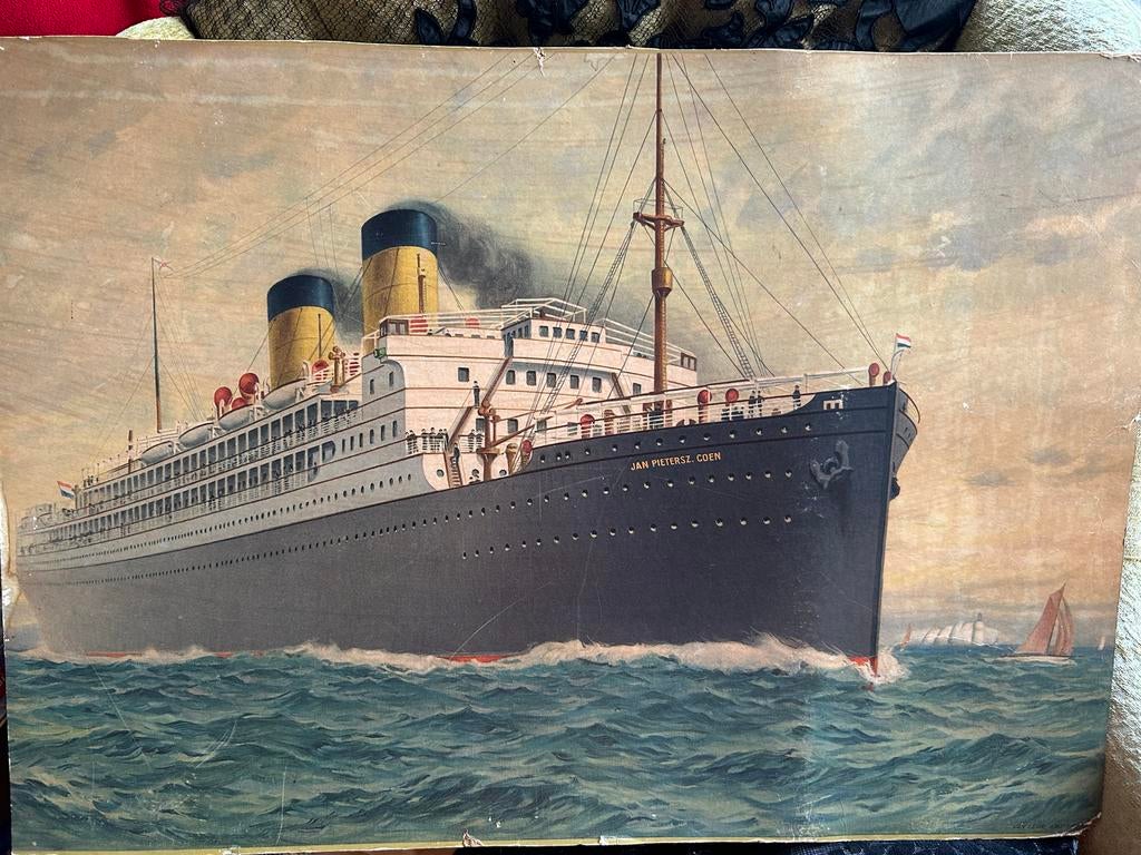 Prent Rederij schip koopvaardij Amsterdam Jan Pieterz Coen, Ophalen of Verzenden, Gebruikt, Kaart, Foto of Prent