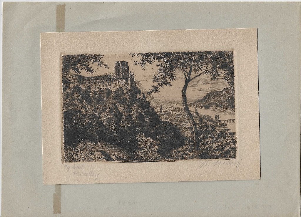 Liebig, B. - Heidelberg Ets  ca. 1900, Ets, Stadsgezicht, 9 cm, Ophalen of Verzenden
