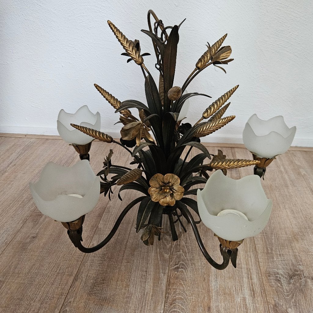 Italiaanse vintage vergulde design kroonluchter met bloemen, Ophalen of Verzenden
