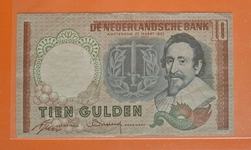 Bankbiljet 10 gulden 1953 Hugo de Groot, cat. PL45.a2, Postzegels en Munten, Verzenden, 10 gulden, Los biljet