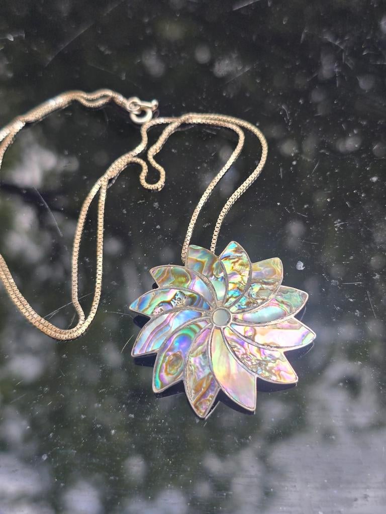 Vintage Mexicaanse Abalone Schelp Hanger Ketting Zilver, Sieraden, Tassen en Uiterlijk, Kettingen, Met hanger, Gebruikt, Ophalen of Verzenden