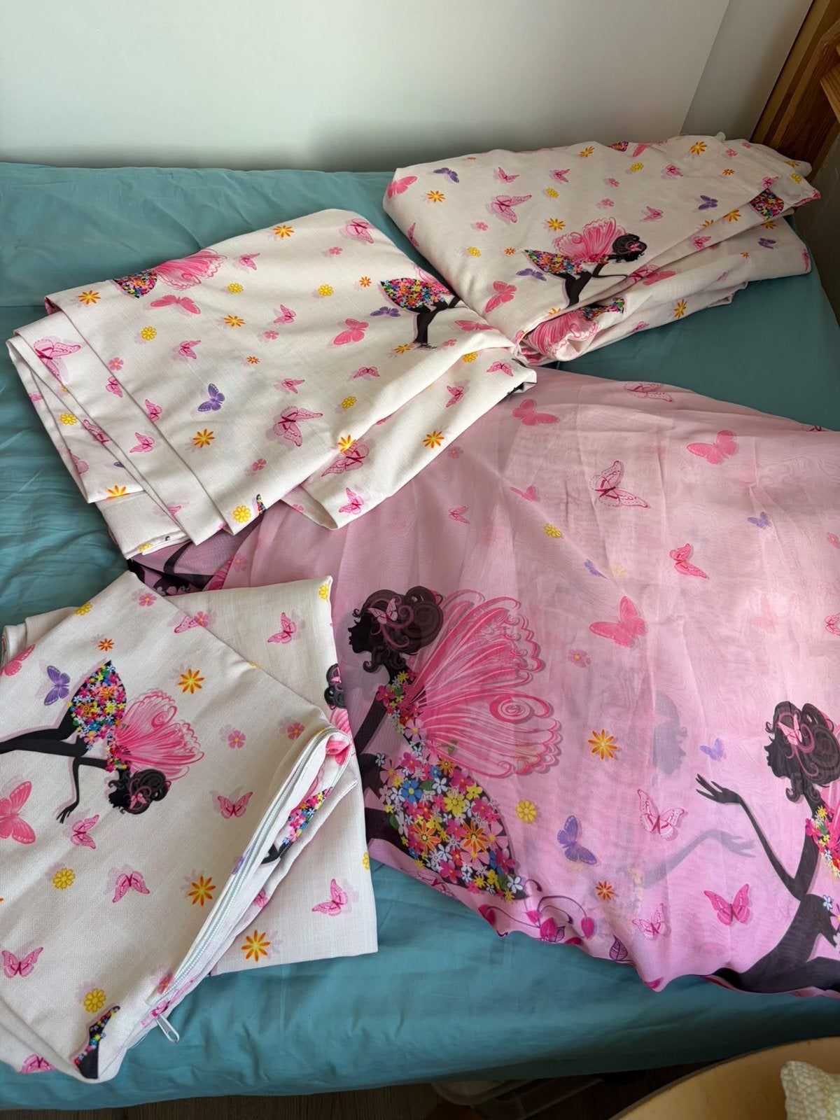 Gordijnen en vitrages met kussenhoezen - 4m breed, 2.5m lang, Gebruikt, Ophalen of Verzenden, Lichtdoorlatend, Polyester