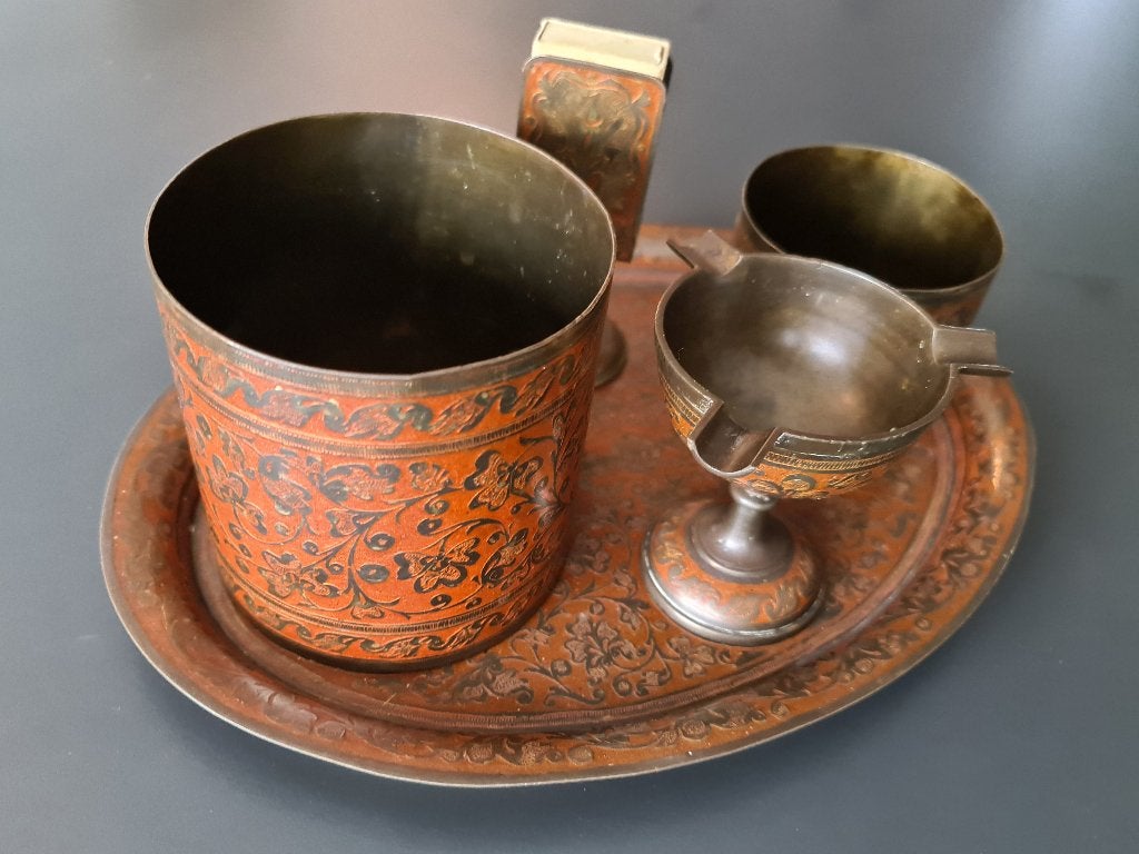 vintage koperen rookstel 5-delig gemerkt beschilderd koper, Ophalen of Verzenden, Gebruikt, Tabaksdoos of Verpakking