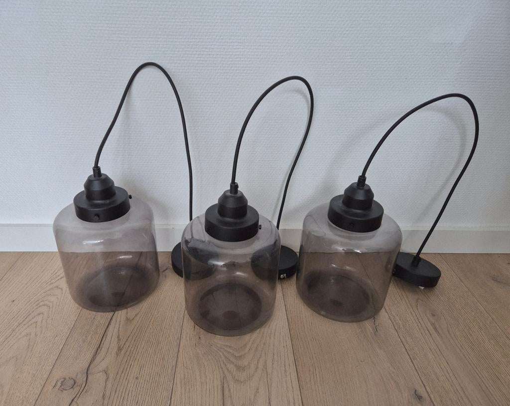 3 hanglampen Juno Karwei maat M, Huis en Inrichting, Lampen | Hanglampen, Ophalen, Minder dan 50 cm, Industrieel, Glas