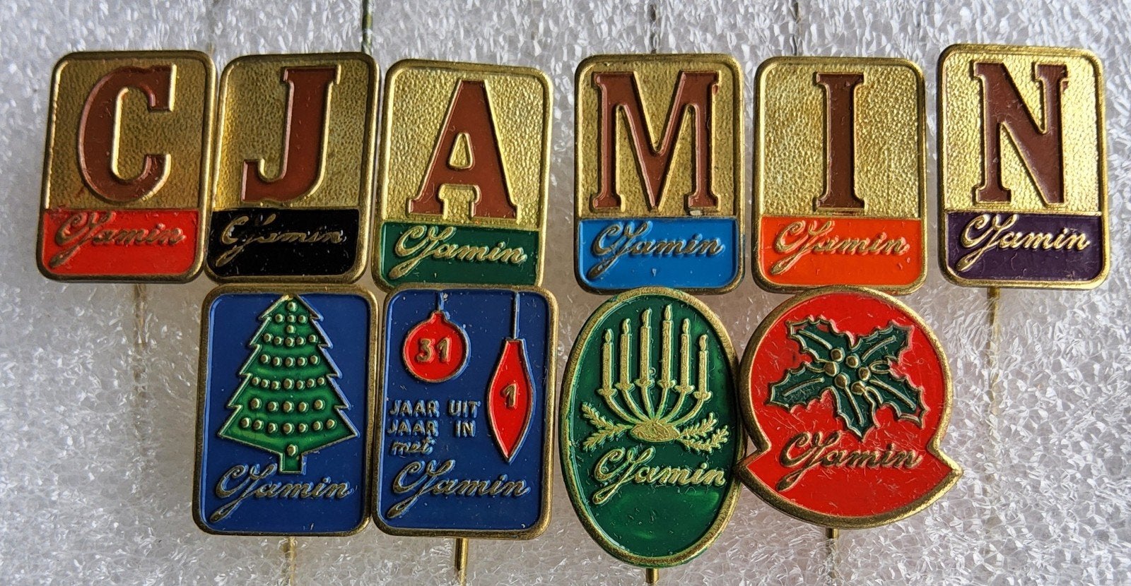 10 Vintage Jamin Speldjes - Kerst en Nieuwjaar Collectie, Ophalen of Verzenden, Gebruikt, Overige onderwerpen, Speldje of Pin