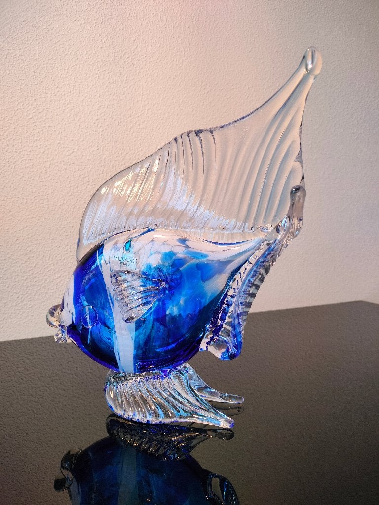 Murano Vis Artglass Kobaltblauw Wit Vlek Groot 1970, Ophalen of Verzenden