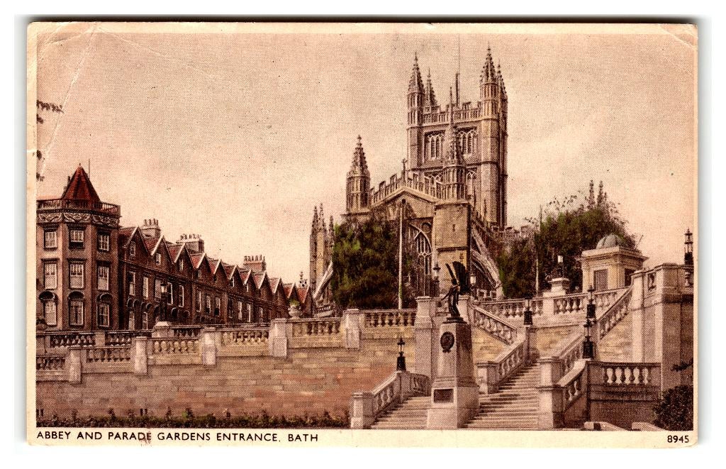 Bath, Abbey and Parade Gardens Entrance, Verzamelen, Ansichtkaarten | Buitenland, Gelopen, Engeland, 1920 tot 1940, Verzenden