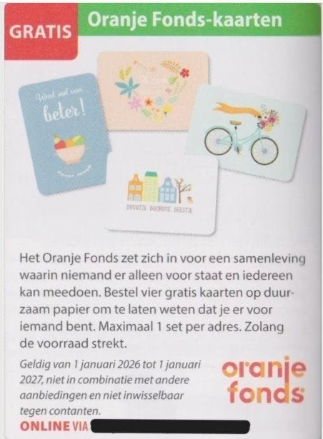 Oranje Fonds-kaarten (Gratis), Eén persoon, Kortingsbon, Warenhuis- of Winkelbon
