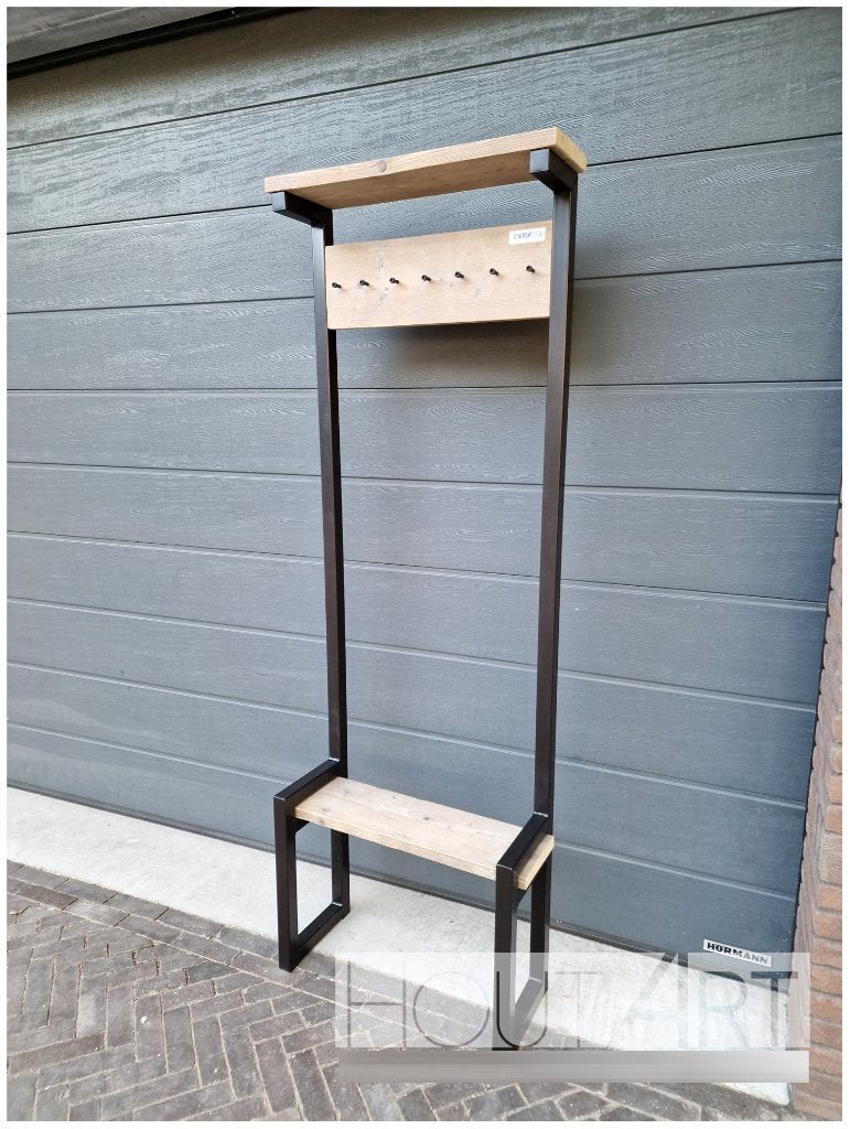 Gave en industriële kapstok met bankje, staal en steigerhout, Wandkapstok, Info@hout-art.nl, Ophalen of Verzenden, Zo goed als nieuw
