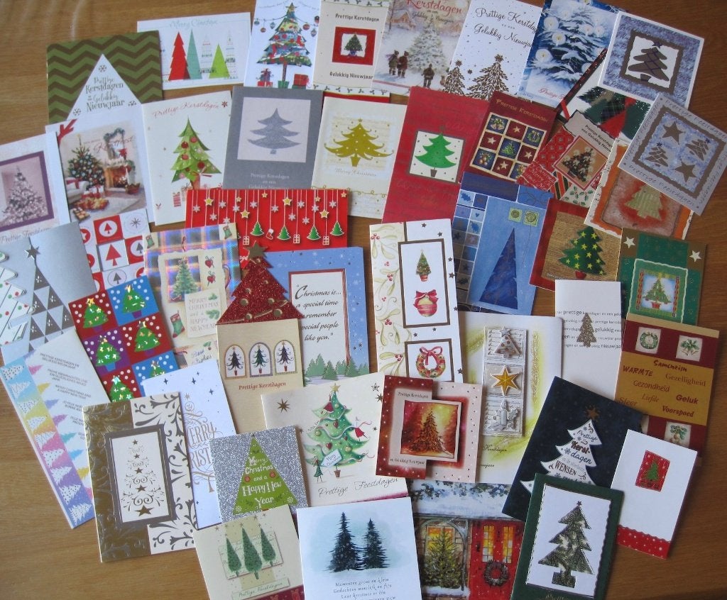 partijtje met 45 verschillende kaarten met kerstbomen, Ophalen of Verzenden, Gebruikt, Overige thema's, Blanco kaart of Basiskaart